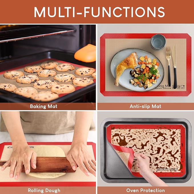 Silicone Baking Mat, Sopito Food Safe Silicone Baking Sheet, Heat Proof 480℉ Cooking Mat, Length 16.5 in Width 11.6 in, 2 PCS-Red