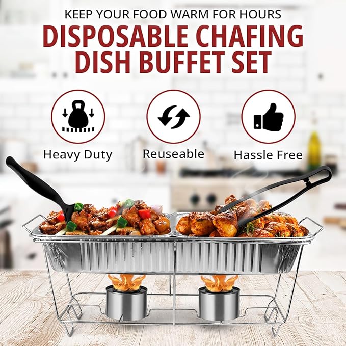 Disposable Chafing Dish Buffet Set, 33 Piece of Chafing Servers with Food Warmers, Covers, Half-Size Food Pans, Water Trays, Serving Utensils, Foil Lids and 4Hr Fuel Cans for Parties, Catering