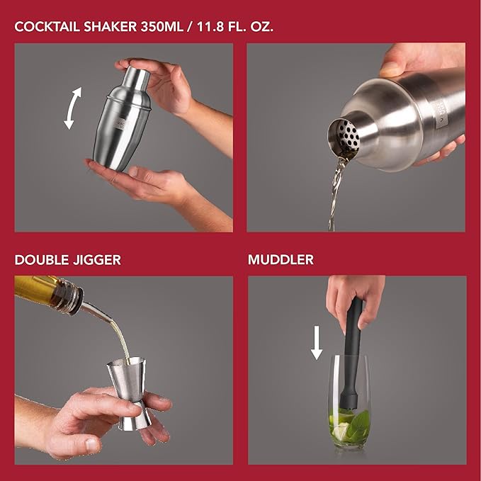 Vacu Vin Cocktail Set – 3-Piece Bar in a Box Starter Kit – Includes Muddler, Jigger & Recipe Guide – Compact Home Bartending Set for Beginners – Easy Cocktail Making Kit & Gift Idea