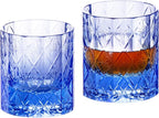 KAMMAK Crystal Whiskey Glass Set of 2, 7.78 oz (230 ml) Handmade Old Fashioned Tumbler, Thick Base Colored Glass with Delicate Rim & Seamless Design for Scotch, Bourbon, Cocktails, Blue 12-Facet
