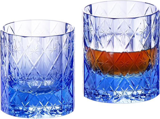 KAMMAK Crystal Whiskey Glass Set of 2, 7.78 oz (230 ml) Handmade Old Fashioned Tumbler, Thick Base Colored Glass with Delicate Rim & Seamless Design for Scotch, Bourbon, Cocktails, Blue 12-Facet