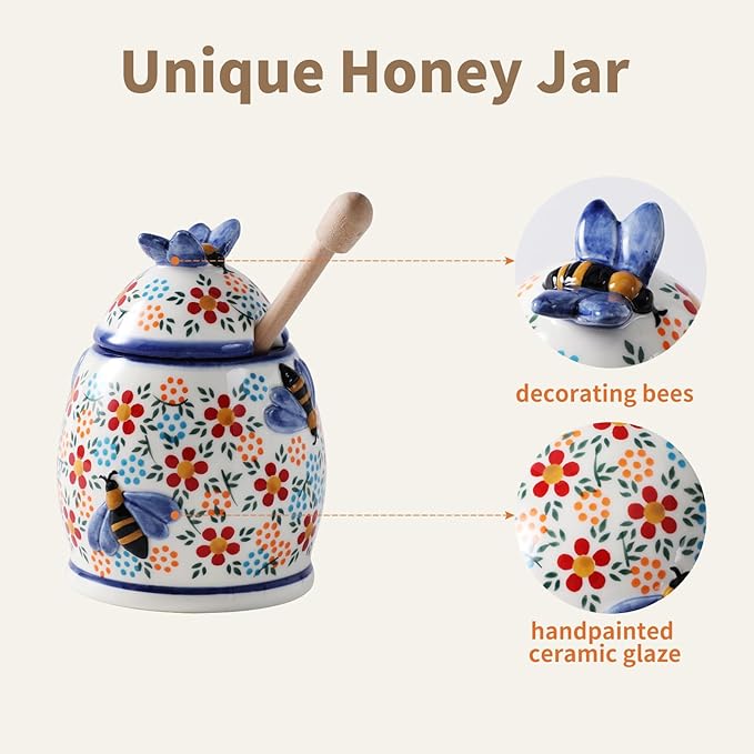 ZOOBEE 10oz Honey Jar with Dipper and Lid Farmhouse Style,Honey Pot with Dipper, Handpainted Honey Pot with Bees,Easily Wash-Spring Delight