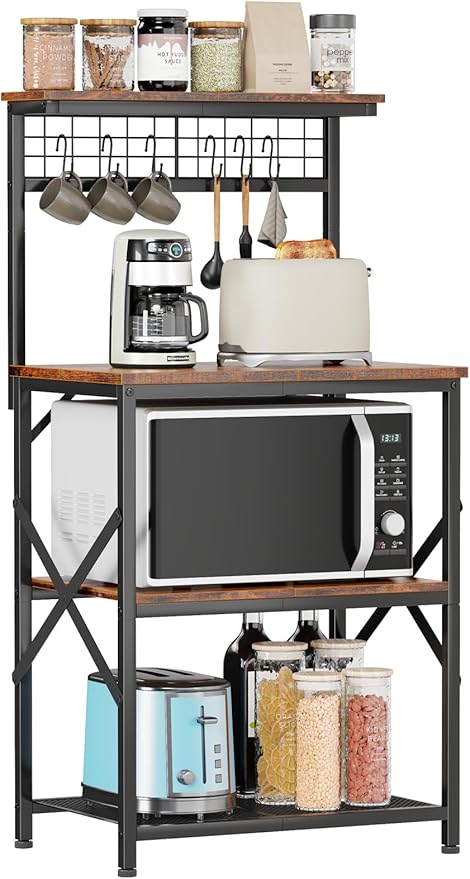 Furologee Kitchen Bakers Rack with Hutch, Coffee Bar Station 4 Tiers, Microwave Oven Stand with 6 S Hooks and Pegboard, Kitchen Microwave Rack for Spice Organizer Workstation, Rustic Brown