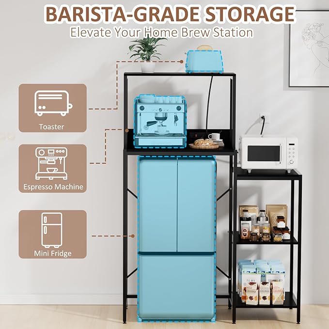 Mini Fridge and Microwave Stand Over Refrigerator Storage Shelf with Power Outlet, 5 Tiers Adjustable Bakers Rack Cabinet Coffee Bar Appliance Organizer for Dorm Office,Black