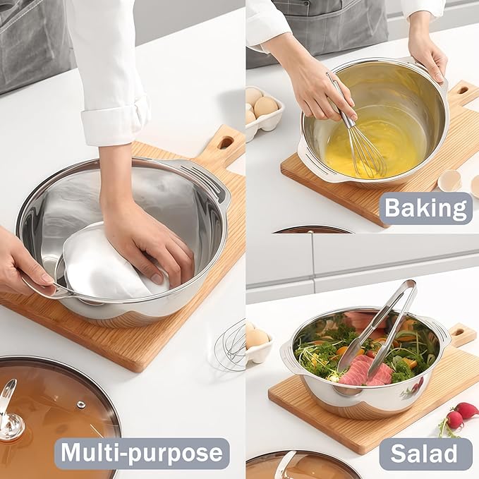 Versatile 3.5 Quart Kitchen Colander Set with Handle, Micro-Perforated Strainer for Pasta, Rice, Vegetables, Fruits, Heated 18/10 Stainless Steel Mixing Bowl for Salad, Cooking, Baking