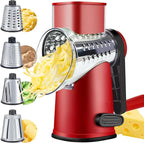 VEKAYA Cheese Grater, Cheese Grater Hand Crank, 4 Interchangeable Blades Cheese Shredder, Vegetable Slicer, Non-slip Suction Base, Easy to Clean Rotary Grater with Handle (Red)