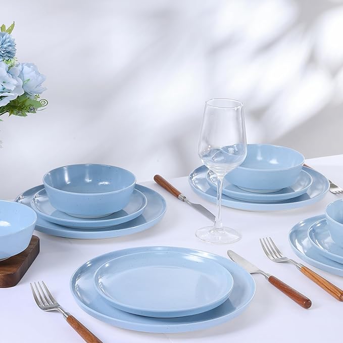 Webbylee 12-Piece Melamine Dinnerware Set - Unbreakable Plates & Bowls Set for 4, BPA-Free Lightweight Kitchen Dishes Idear for Camping, Picnic, Party,Blue & Beige