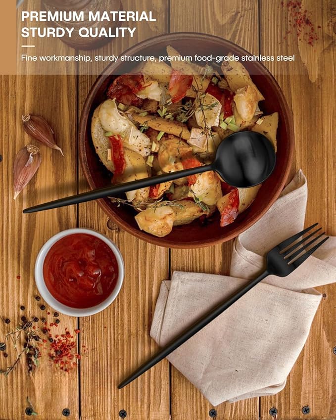 40-Piece Black Silverware Set for 8 Stainless Steel Flatware Set with Knives Forks and Spoons Utensil set, Satin Finish Tableware Cutlery Set, Dishwasher Safe