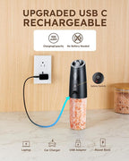 Sangcon Gravity Electric Salt and Pepper Grinder Set Shakers - UPGRADED RECHARGEABLE 9OZ XL Capacity USB-C No Battery Needed - LED Light One Hand Operation, Adjustable Coarseness Automatic Mill Set