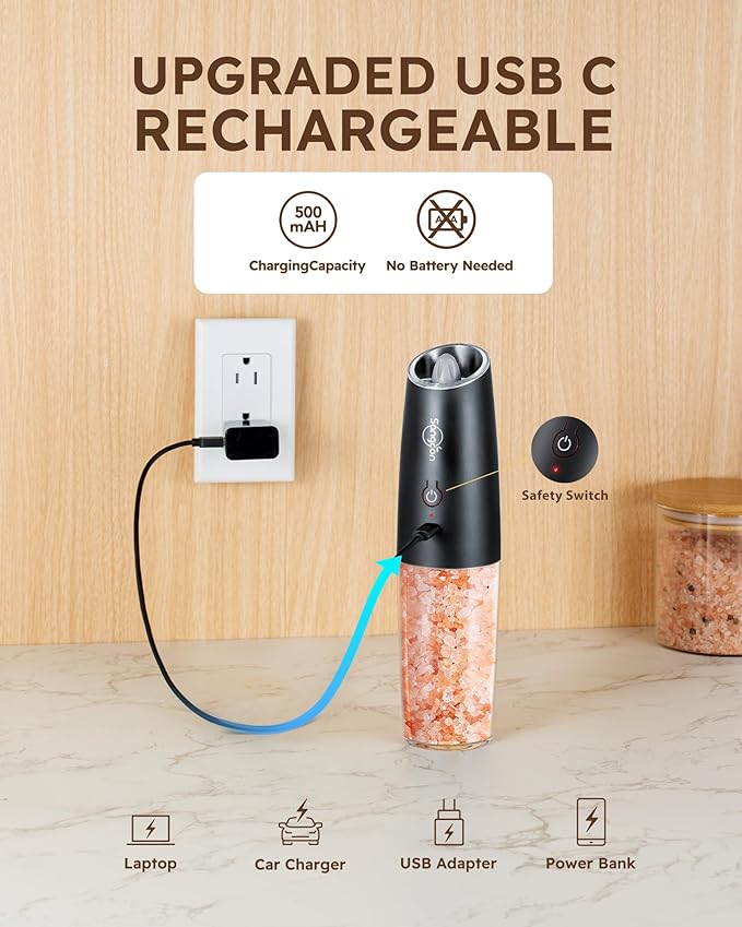 Sangcon Gravity Electric Salt and Pepper Grinder Set Shakers - UPGRADED RECHARGEABLE 9OZ XL Capacity USB-C No Battery Needed - LED Light One Hand Operation, Adjustable Coarseness Automatic Mill Set