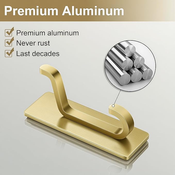 Self Adhesive Wall Hooks for Hanging: Extra Strong 13 LB, Hook for Coat, Towel in Bathrooms, Shower, Kitchen, Wall, Door Hook, Brushed Gold 4 Pack