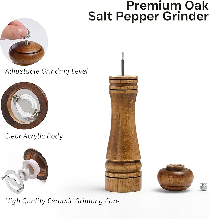 Wood Salt and Pepper Grinder, Salt Grinder and Pepper Mill, Oak Wood Shakers with Adjustable Ceramic Grinders - 8 inches, 1 Pack