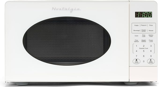 Nostalgia Modern Retro Countertop Microwave Oven - 700-Watt - 0.7 cu ft - 12 Pre-Programmed Cooking Settings - Digital Clock - Kitchen Appliances - White