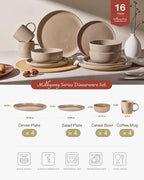 Famiware Milkyway Stoneware Dinnerware Sets with Mugs, Service for 4 (16pcs), Plates and Bowls Sets, Scratch Resistant, Microwave and Dishwasher Safe Dishes Set, Cinnamon Brown
