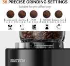 Anti-static Conical Burr Coffee Grinder, Adjustable Electric Mill, 38 Precise Grind Settings, Precision Timer, for Espresso, Drip and French Press, Black