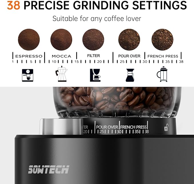 Anti-static Conical Burr Coffee Grinder, Adjustable Electric Mill, 38 Precise Grind Settings, Precision Timer, for Espresso, Drip and French Press, Black