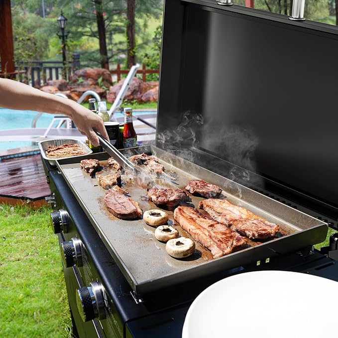 KingChii 28" 3-Burner Griddle with Integrated Protective Hood and Counter Height Side Shelves, Powder Coated Steel, Black