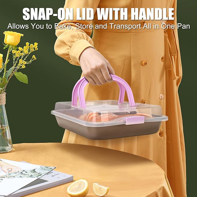 9x13 Baking Pan with Lid, Non Stick Sheet Pans for Baking, Rectangle Cake Pan Carrier with Lid and Handle