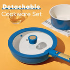 CAROTE 15Pcs Ceramic Cookware Set, Pots and Pans Set Non stick, Non Toxic Cookware Detachable Handle, Induction Cookware, Dishwasher/Oven Safe, RV/Camping, PFAS Free, Blue&Gold