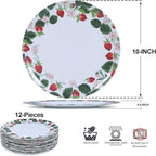 12-Piece Melamine Dinner Plates - 10 Inch Lightweight, Durable & Unbreakable Round Plates for Indoor/Outdoor Use - Strawberry