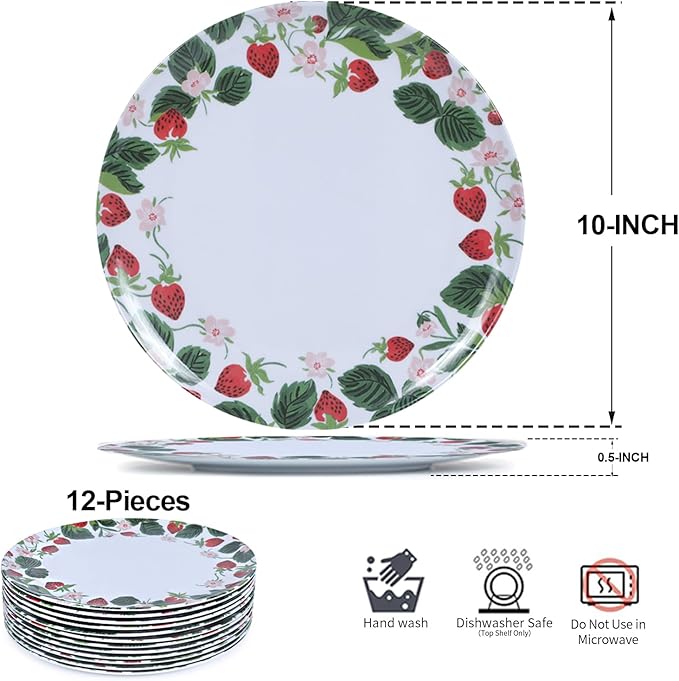 12-Piece Melamine Dinner Plates - 10 Inch Lightweight, Durable & Unbreakable Round Plates for Indoor/Outdoor Use - Strawberry
