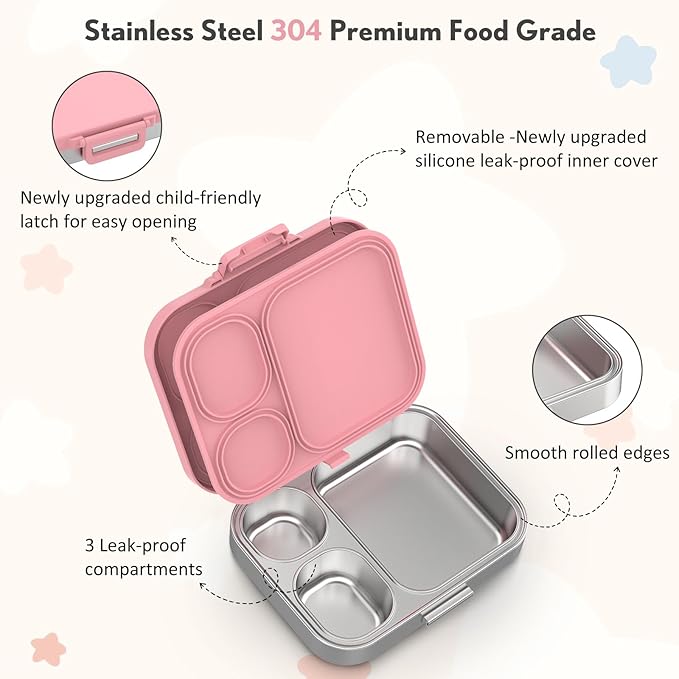 Stainless Steel Bento Box Kids, Leak Proof Metal Bento Lunch Box,3 Compartments 304 Stainless Steel Bento Lunch Containers for School and Office,Dishwasher Safe, BPA-Free(Pink)