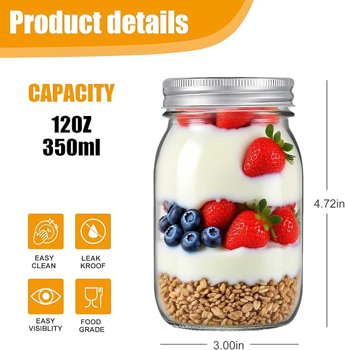 Accguan Mason Jars,Glass Jars With Lids 12 oz,Canning Jars For Pickles And Kitchen Storage,Wide Mouth Spice Jars With Silver Lids For Honey,Caviar,Herb,Jelly,Jams,Set of 20