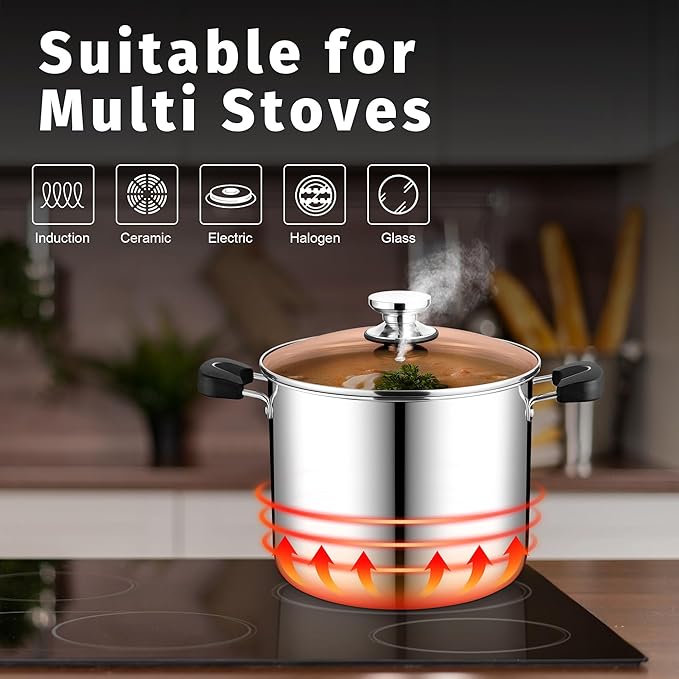 P&P CHEF Stainless Steel 3-Ply Sock Pot with Lid, Stockpot for Cooking Pasta & Stewing Soup, Fits Multi Stoves, Heat-proof Handle & Clear Lid, Heavy Duty & Dishwasher Safe, 10 Quarts