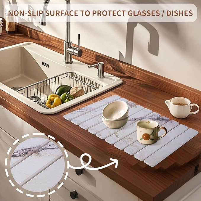 Coolcandy 24x16" Large Stone Dish Drying Mat, Quick Drying Mat Kitchen Counter, Foldable Kitchen Drying Mat, Diatomaceous Earth Stone Drying Mat, Collapsible Dish Mat Kitchen Mat For Drying