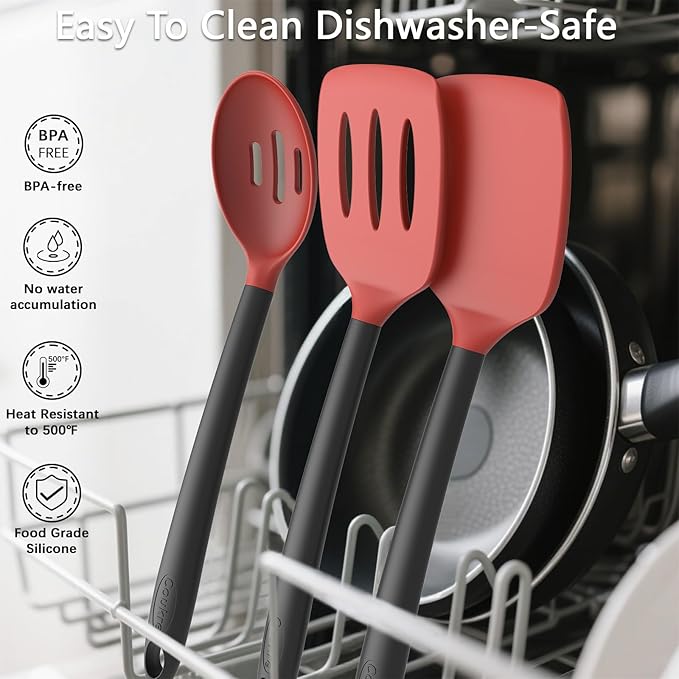 Coukre Silicone Kitchen Cooking Utensils Set with Holder – Heat-Resistant, Food-Grade Kitchen Tools, Spatula, Spoon & Gadgets for Non-Stick Pans, Dishwasher Safe (14, Red)