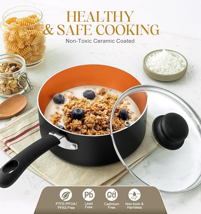 MICHELANGELO Ceramic Saucepan Set 1.5QT & 2QT & 3QT Nonstick Sauce Pans, PFAS-FREE Saucepan with Lid, Copper Saucepans Set of 3, Multipurpose Small Sauce Pot, Non Stick Sauce Pots, Dishwasher Safe
