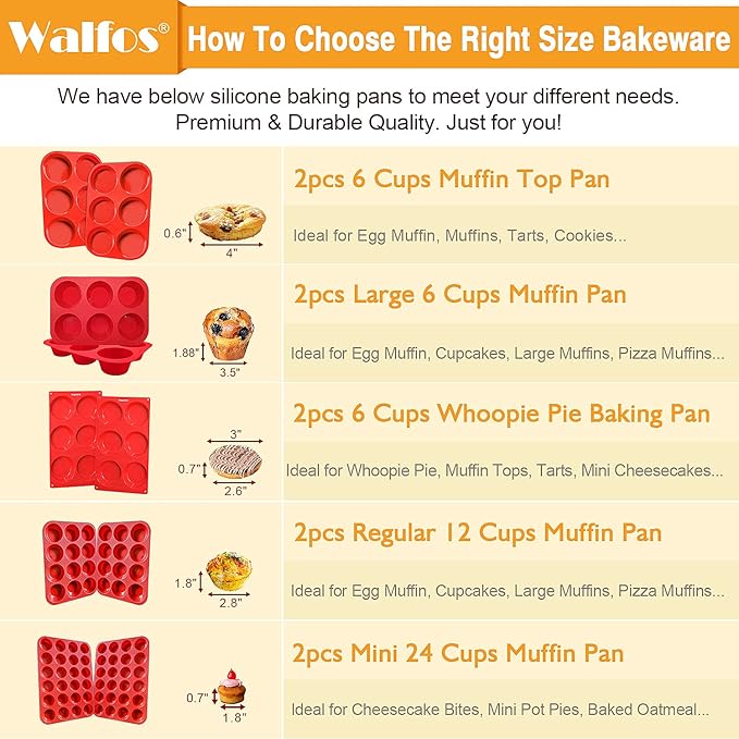 Walfos Silicone Muffin Top Pans for Baking 4inch Jumbo Size, Perfect Results Premium Non-Stick Bakeware Egg Baking Pan, Great for Eggs, Hamburger Bun, Muffin Top and More, Food Grade & BPA Free, 2pcs