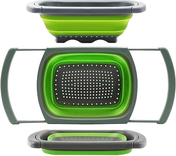 Qimh Colander collapsible, Colander Strainer Over The Sink Vegetable Fruit Strainer Basket (6 Quart) with Extendable Handles, New Kitchen Essentials