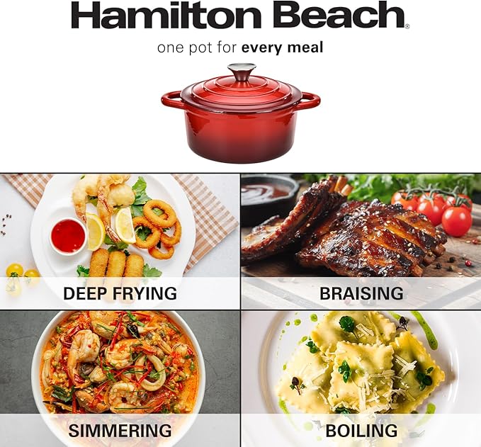 Hamilton Beach 3-Quart Enameled Cast Iron Dutch Oven with Lid | Heavy-Duty Pot for Braising, Roasting & Baking | Red