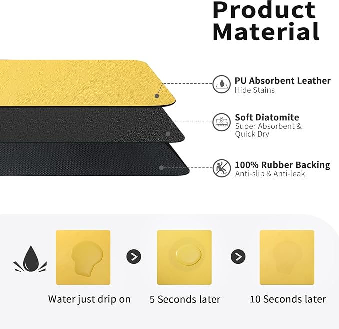 Dish Drying Mat for Kitchen Counter, Heat Resistant Drainer Mats with Non-slip Rubber Backed, Hide Stain Kitchen Super Absorbent Draining Mat, Easy to Clean Dish Rack Pad, Yellow 18"x32"