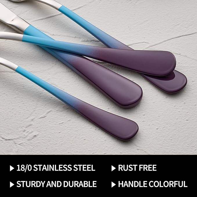 20-Pieces Color Silverware Set for 4,Blue and Purple Handle Stainless Steel Cutlery Set, Include Forks Spoons and Knives Set, Dishwasher Safe Utensil Sets for Home Restaurant