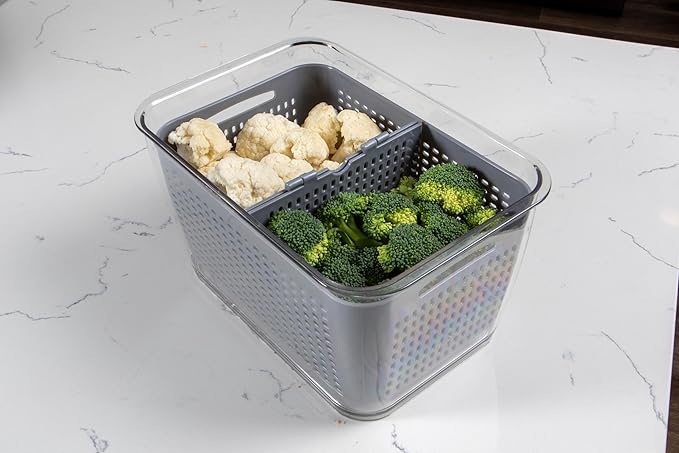 Kitchen Spaces Colander Bin, Produce Saver, Fridge Organizer With Lid, Wash, Strain and Store, Great for Refrigerator, Freezer and Pantry, Large, Gray