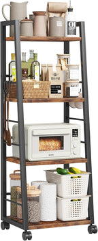 4 Tier Kitchen Storage Cart with Lockable Wheels & 6 Hooks, Mobile Utility Organizer Rolling Cart for Small Spaces, Bar Cart for Kitchen and Living Room, Rustic Brown