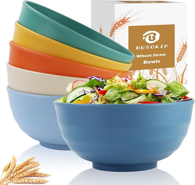 Wheat Straw Bowls 60 OZ, Unbreakable Large Salad Bowls Set of 6, Microwave and Dishwasher Safe Big Popcorn Bowls, Plastic Serving Bowls for Eating, Soup, Cereal and Salad (Multi Colors)