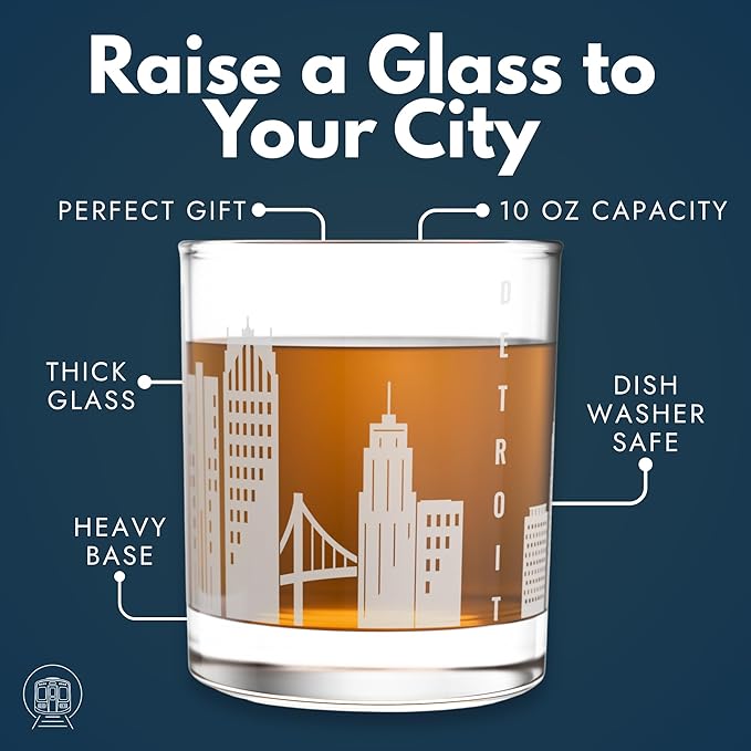 Greenline Goods – Detroit, MI Skyline Whiskey Glasses (Set of 2), 10 oz – Rocks/Old Fashioned Tumblers
