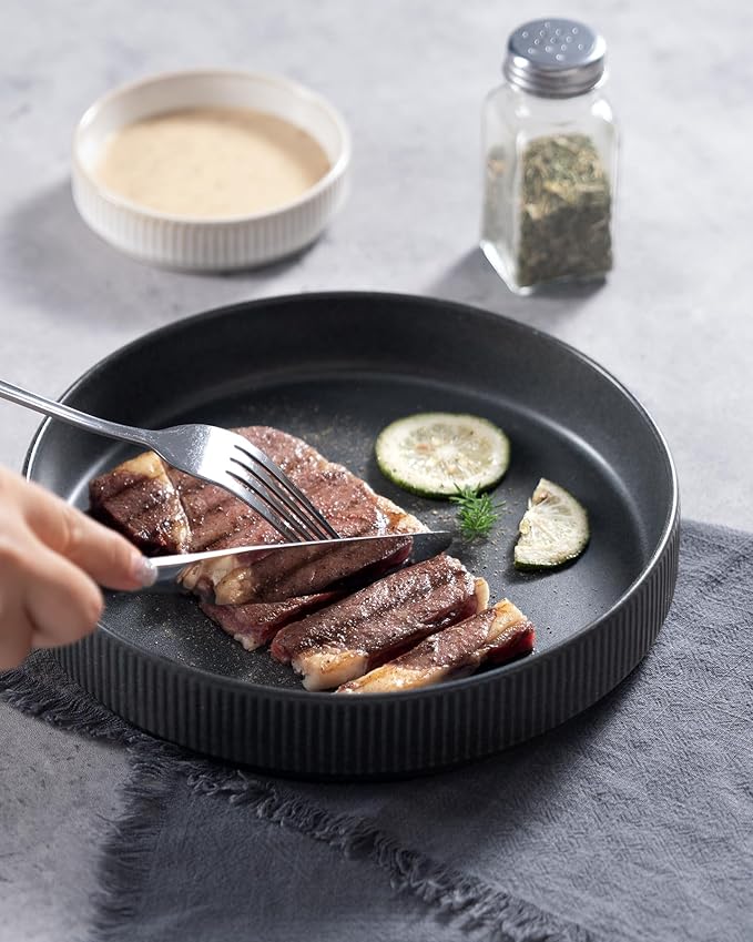 famiware Star 7.5" Pasta Bowls Set, Salad Bowl Set of 6, Double Reactive Glaze, Stackable, Perfect for Your Friend for Housewarming, Thanksgiving, Christmas, Matte Dark Charcoal (Full Glaze)