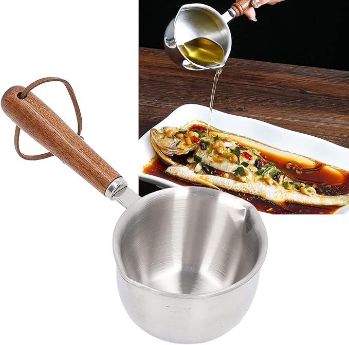 Milk Pot 120ml/200ml Stainless Steel Flat Bottom Butter Melting Pot with Wooden Handle, Mini Sauce Pan Coffee Warmer Pot for Chocolate Melting(120ml)