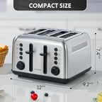 BUYDEEM DT640 Retro 4 Slice Toaster, 7 Shade Settings, Extra Wide 1.5'' Slots, Stainless Steel Toaster with Bagel Muffin Defrost Reheat Function, Retro Silver