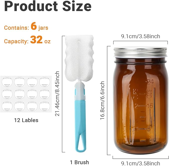 DHSBTLS 32 oz Glass Mason Jars, 6 Pack Amber Wide Mouth Glass Canning Jars with Silver Aluminum Lids and Bands, Airtight Jars for Food Storage, Canning, Overnight Oats, Fermenting, Pickling, Decor