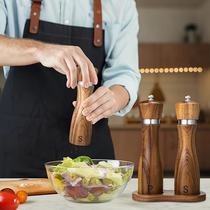 2 Pack Acacia Wood Salt and Pepper Grinder Set – 8” Manual Mills with Adjustable Ceramic Core, Stainless Steel, Tray, Spoon, Brush & Funnel – Rustic Wooden Gift Set for Kitchen or Table