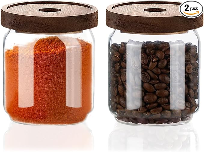 Glass Jars with Airtight Wood Lids - 17 oz Small Kitchen and Pantry Storage Containers, Canisters for Chia Seed, Ground Coffee, Sugar, Spice, Salt, Salad, Matcha, Set of 2