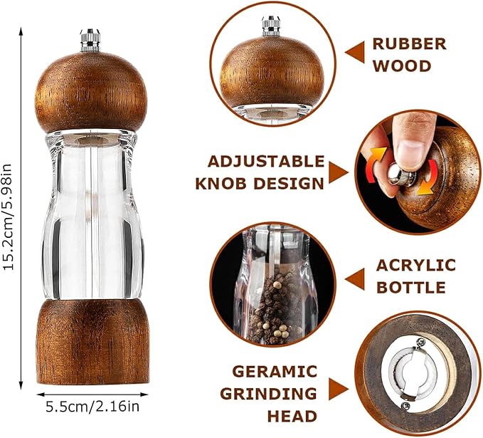 Salt and Pepper Grinder Set Wooden Pepper Mill, 2pcs 6 Inch Archaizing Manual Pepper Grinder Adjustable Coarseness Salt and Pepper Shakers with Transparent Acrylic