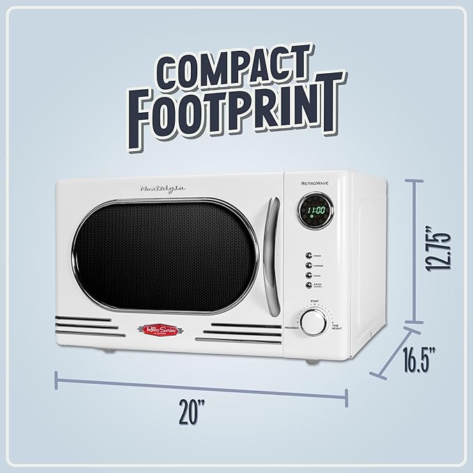 Nostalgia NRMO11WH6A 1000 Watt Power Retro Countertop Microwave Oven Easy to Clean with Removable Glass Turntable-Child Safety Lock-12 Programs-Digital Clock, 1.1 Cu. Ft, White