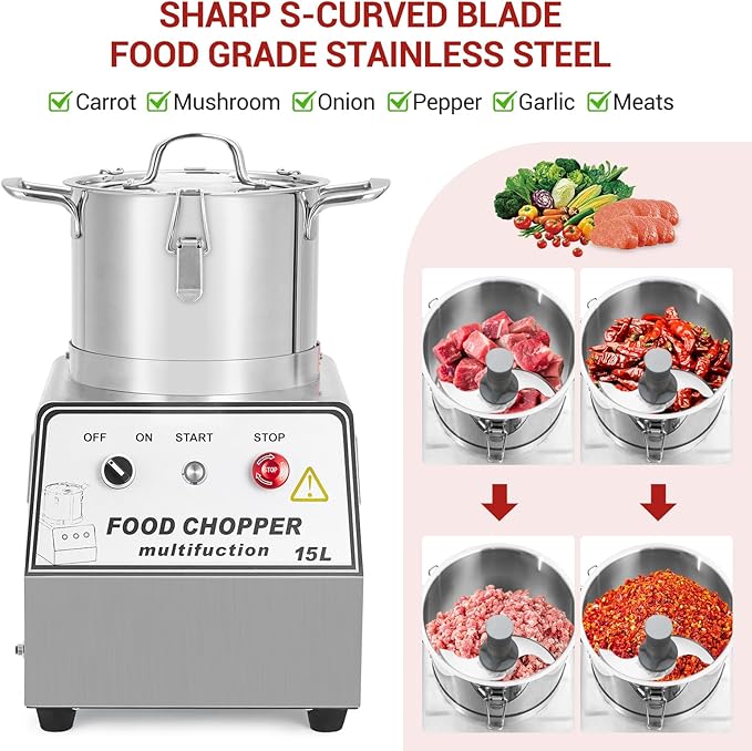 GarveeHome 1400W Commercial Food Processor, 16 Quart Electric Vegetable Chopper Meat Grinder, Multi-Functional Food Processor with Stainless Steel Body & Blade, Gloves, Brush, 110V