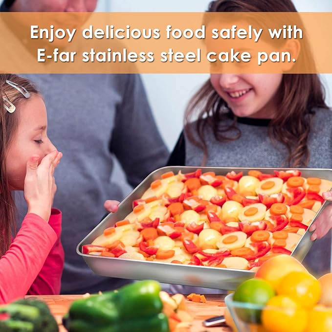 E-far Baking Pans Set of 2, 12.4” x 9.6” x 2” Stainless Steel Rectangular Cake Pans, Baking Sheet Pan for Lasagna Brownies Casseroles, Non-toxic & Healthy, Dishwasher Safe